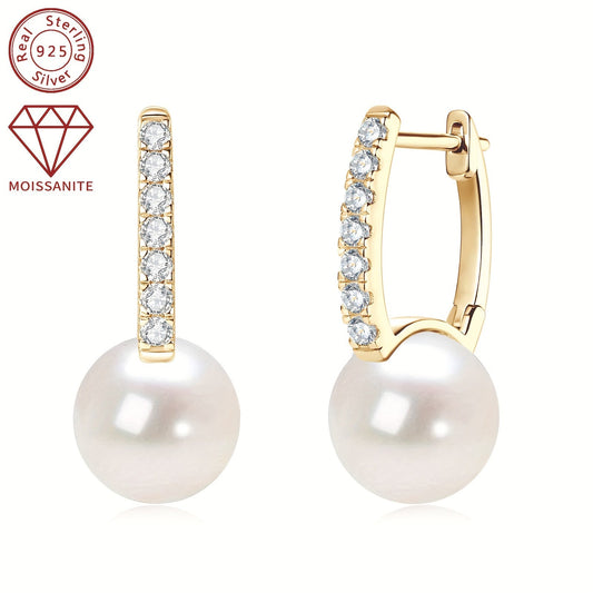 A pair of 925 Silver Women's Fashion Pearl Earrings featuring a round 9.5-10mm Natural Freshwater White Pearl and 14pcs of Moissanite stones measuring 1.8mm each, totaling 0.35ct. The earrings weigh 2.11g in total and are a stunning combination of pearls