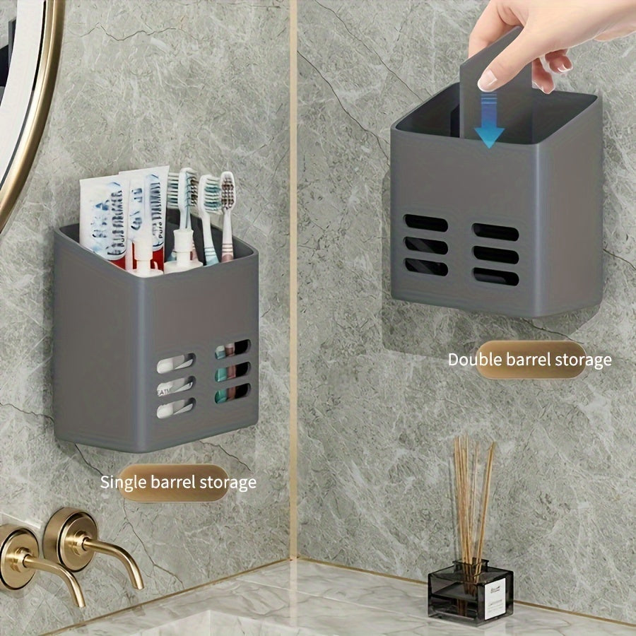 1pc wall-mounted storage organizer with draining basket, toothbrush holder, shaver stand, for kitchen & bathroom, made of lightweight plastic.