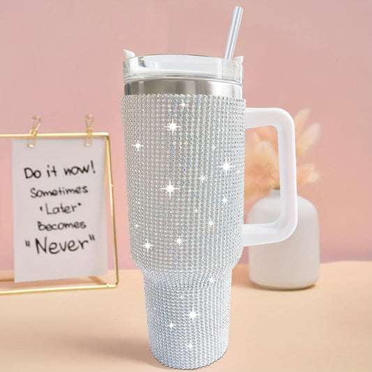 1pc Sparkling Studded Tumbler: Stainless steel, 40oz, insulated with lid and straw. Portable for car, home, office. Great for summer and travel, perfect for birthday gifts.