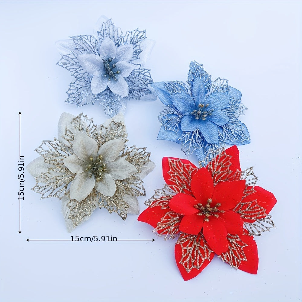 Kelzero 6-Pack Boho Style Artificial Poinsettia Flowers: 15cm Fabric & Plastic Christmas Tree Swags, Wreaths & Garlands - Versatile Holiday Decor for Various Occasions - No Electricity or Feathers Needed