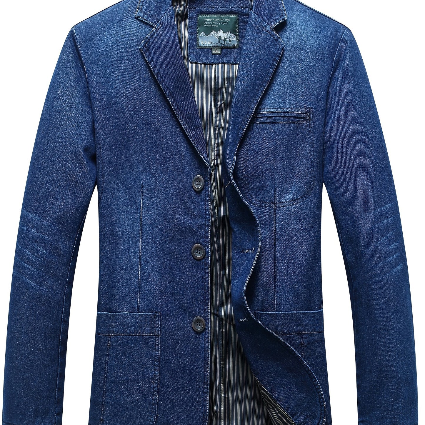 Men's denim blazer with single-breasted, lapel collar, loose fit, polyester lined, and patched details. Made of 86% cotton, 7.9% polyester, 2.8% viscose, and 3% lyocell. Ideal for