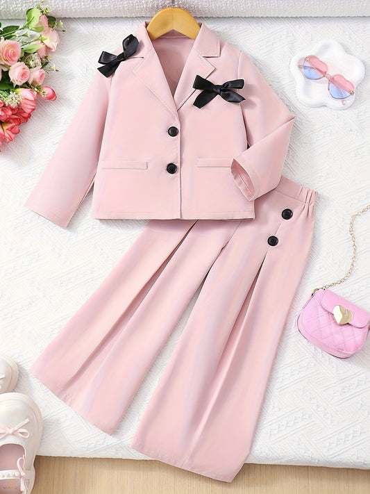 Stylish youth pantsuit with long sleeve jacket, bow detail, wide-leg trousers. Stretchy polyester, ideal for spring/fall outdoor occasions.