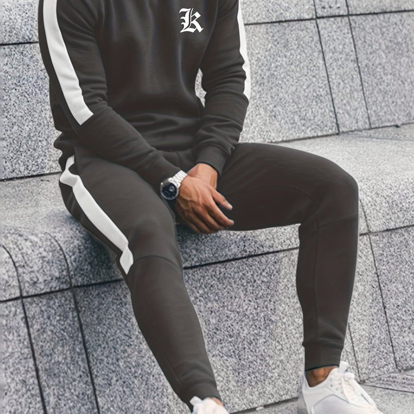 Men's casual sporty tracksuit with letter print in polyester, crew neck sweatshirt & joggers set for fall/winter