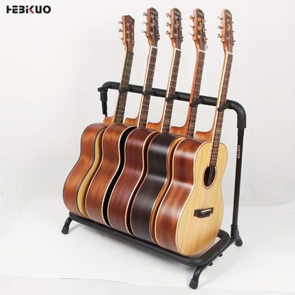 HEBIKUO Guitar Display Stand: 5-Slot Rack for Acoustic Guitars with Anti-Rust, Non-Slip Features.