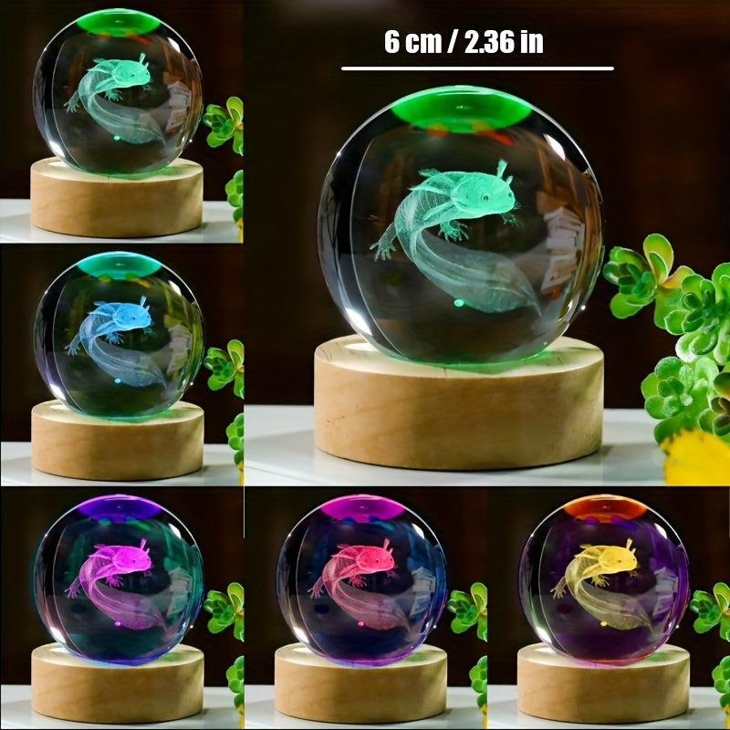 3D axolotl crystal ball gift with wooden light base, perfect for home decor. Ideal birthday present for axolotl lovers, 5.99cm in size.