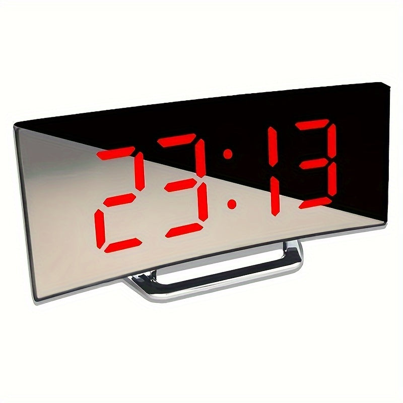 Curved LED Mirror Clock: Silent Alarm, Dimmable, USB/Battery Powered - Ideal Home Decor