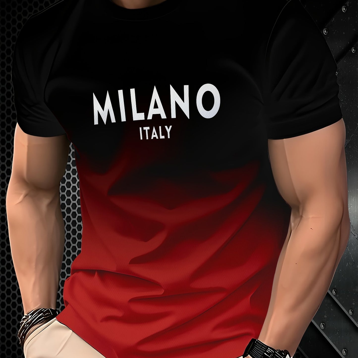 Casual short sleeve men's t-shirt with 3D Milano Italy print in red and black gradient, made of breathable polyester blend, ideal for summer outdoor activities. Machine washable.