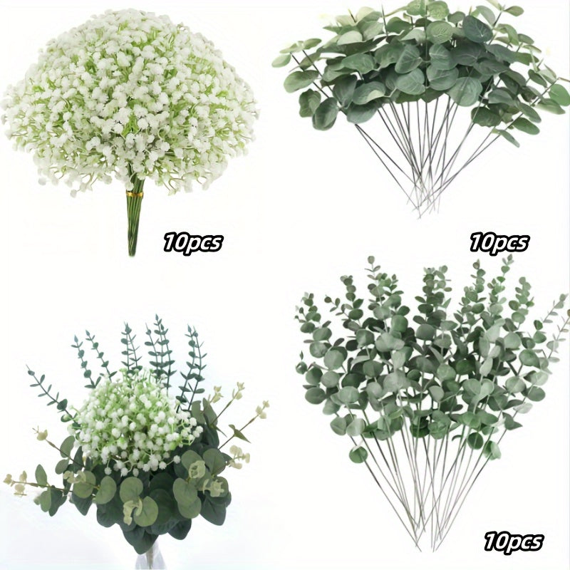 30/60 artificial 'S Breath flowers, faux eucalyptus stems and leaves, imitation 'S Breath flowers, fake silver dollar eucalyptus plant stems for weddings, vases, bouquets, floral and home decor.