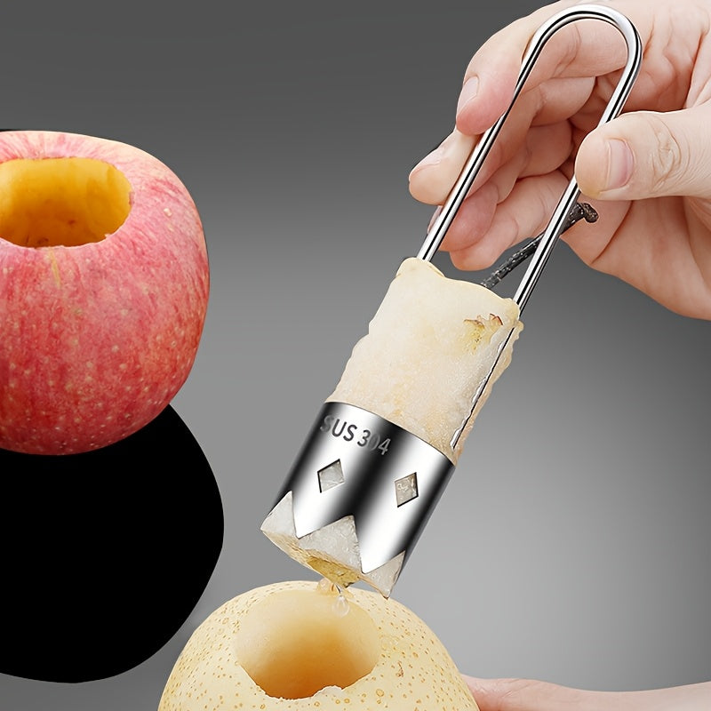 Stainless steel fruit corer for easy peeling and slicing fruits and vegetables.