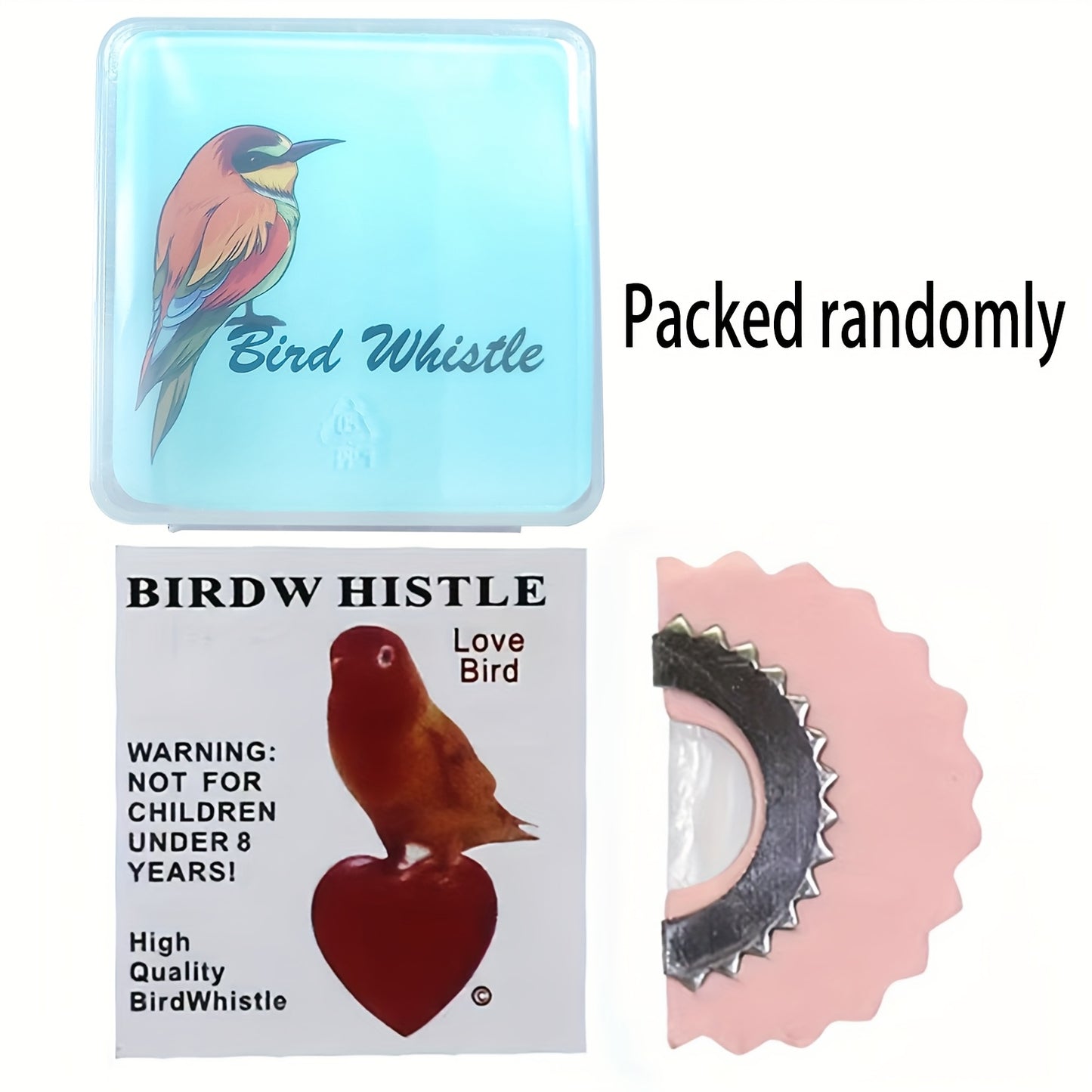 Plastic bird call whistle with realistic sound attracts birds, ideal for parrot toy or pet supplies.