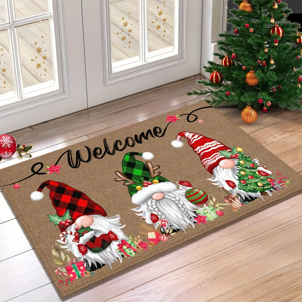 Celebrate the Holidays with This Festive Christmas Gnome Welcome Doormat! Made from Durable 100% Polyester, this 6mm Thick Mat Features Three Adorable Gnomes with Seasonal Charms. The Non-Slip Rubber Backing Keeps it Securely in Place, and it's Machine