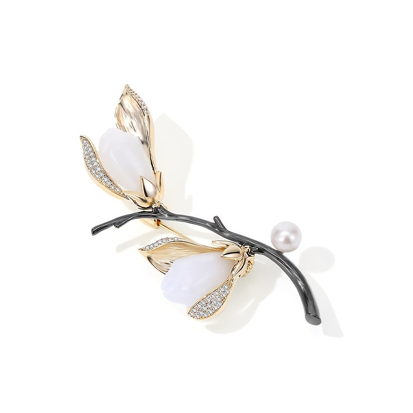 Elegant Vintage Magnolia Flower Brooch Pin with Rhinestone Embellished Plant Shape - A Luxurious Coat Accessory for Women, Boasting a Unique Design Sense.