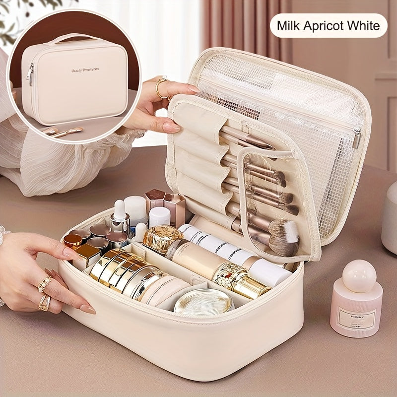 Spacious multi-layer PU cosmetic bag with brush holder, portable storage for beauty essentials, perfect gift for couples.