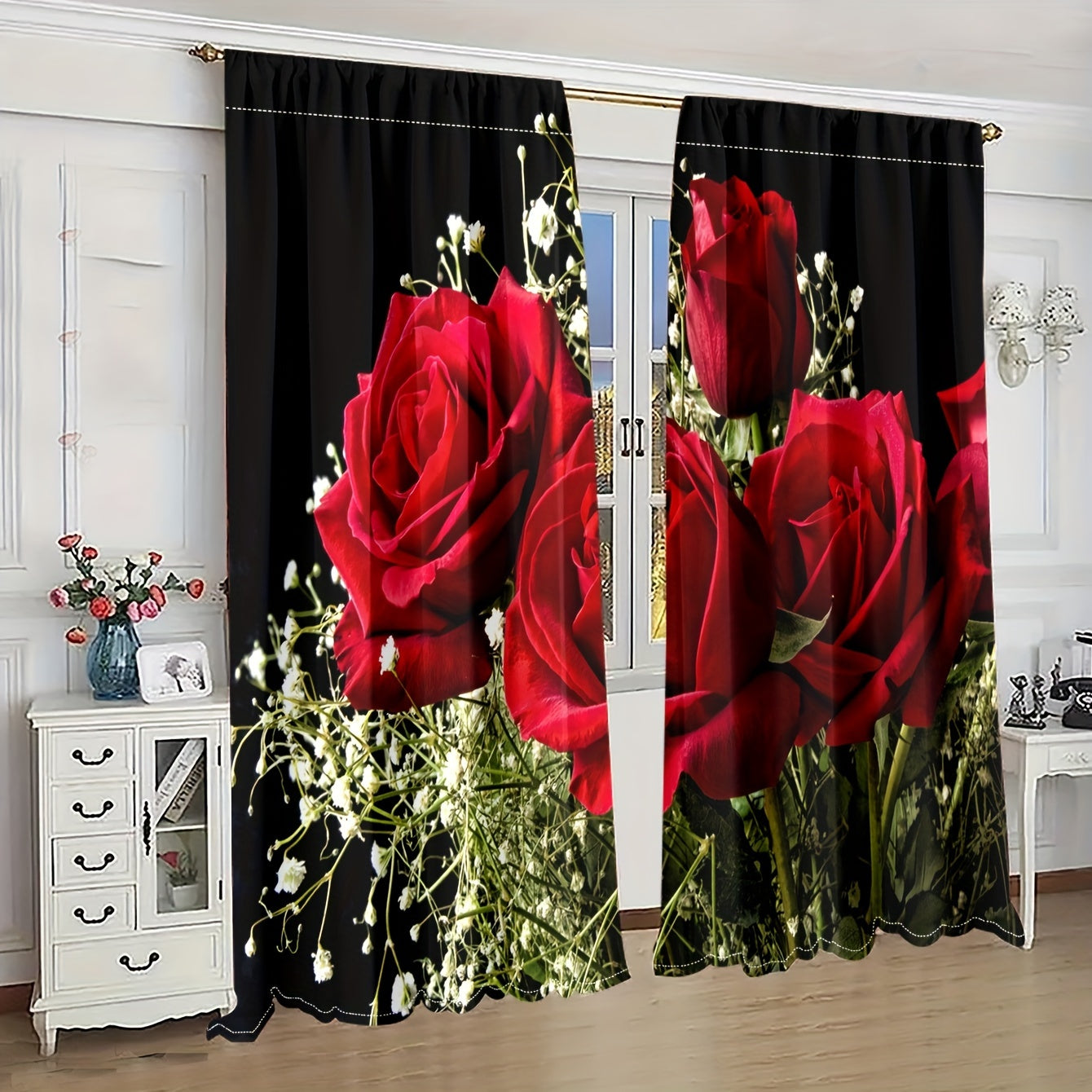 Enhance your living space with 2 stunning red rose-themed curtains for privacy and decoration. Perfect for Valentine's Day or any romantic occasion, these translucent curtains provide privacy and elegance in any bedroom or living room.