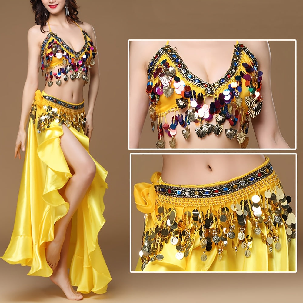 Adult women's belly dance costume set includes bra, belt, and flowy skirt in red/yellow/black polyester fiber for stage performances.