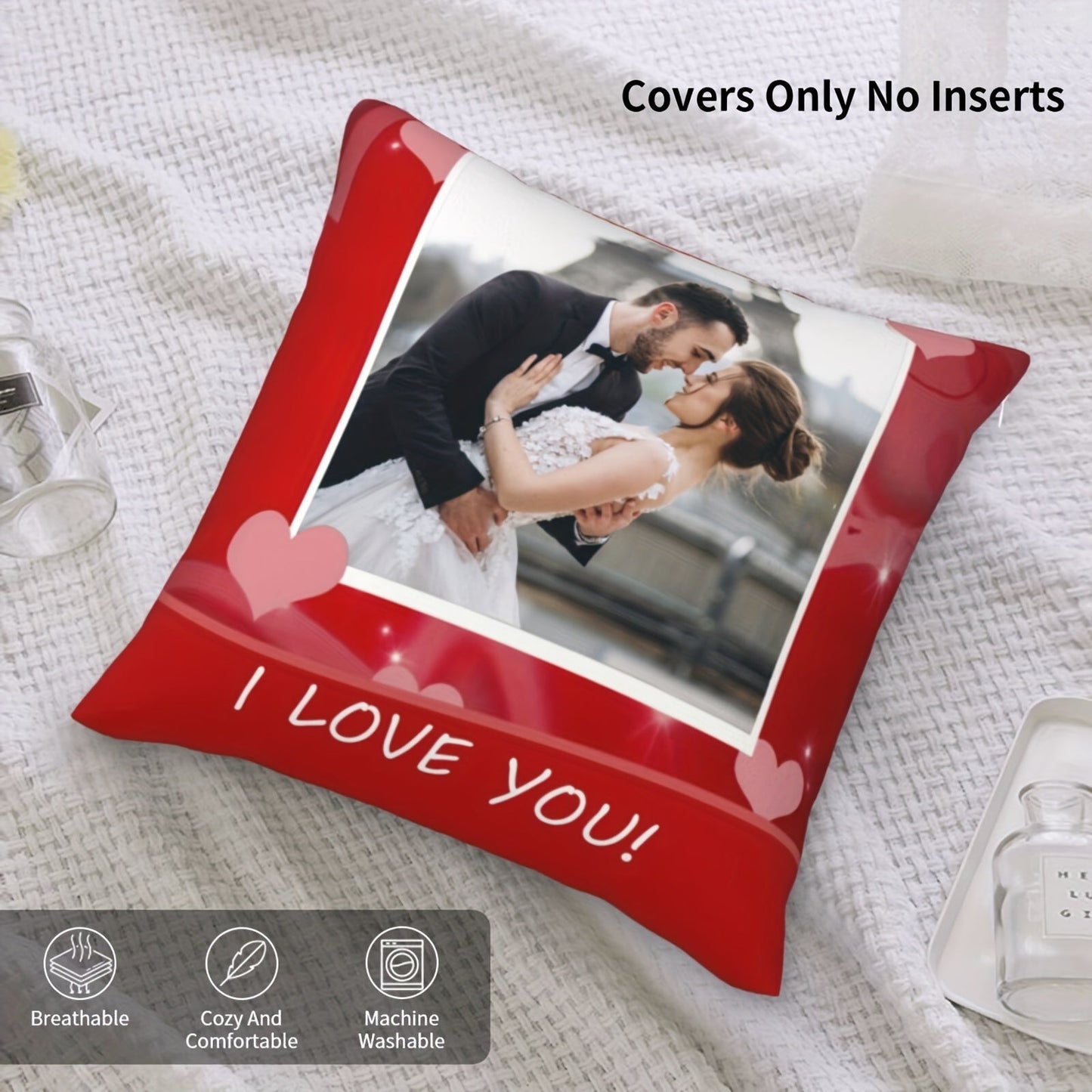 Customize your Polyester Plush Pillow (14+) with a special "I Love You" theme and personalized photo. This unique and customizable wedding anniversary or Valentine's gift is sure to make your loved one feel special. Add your own custom image to the