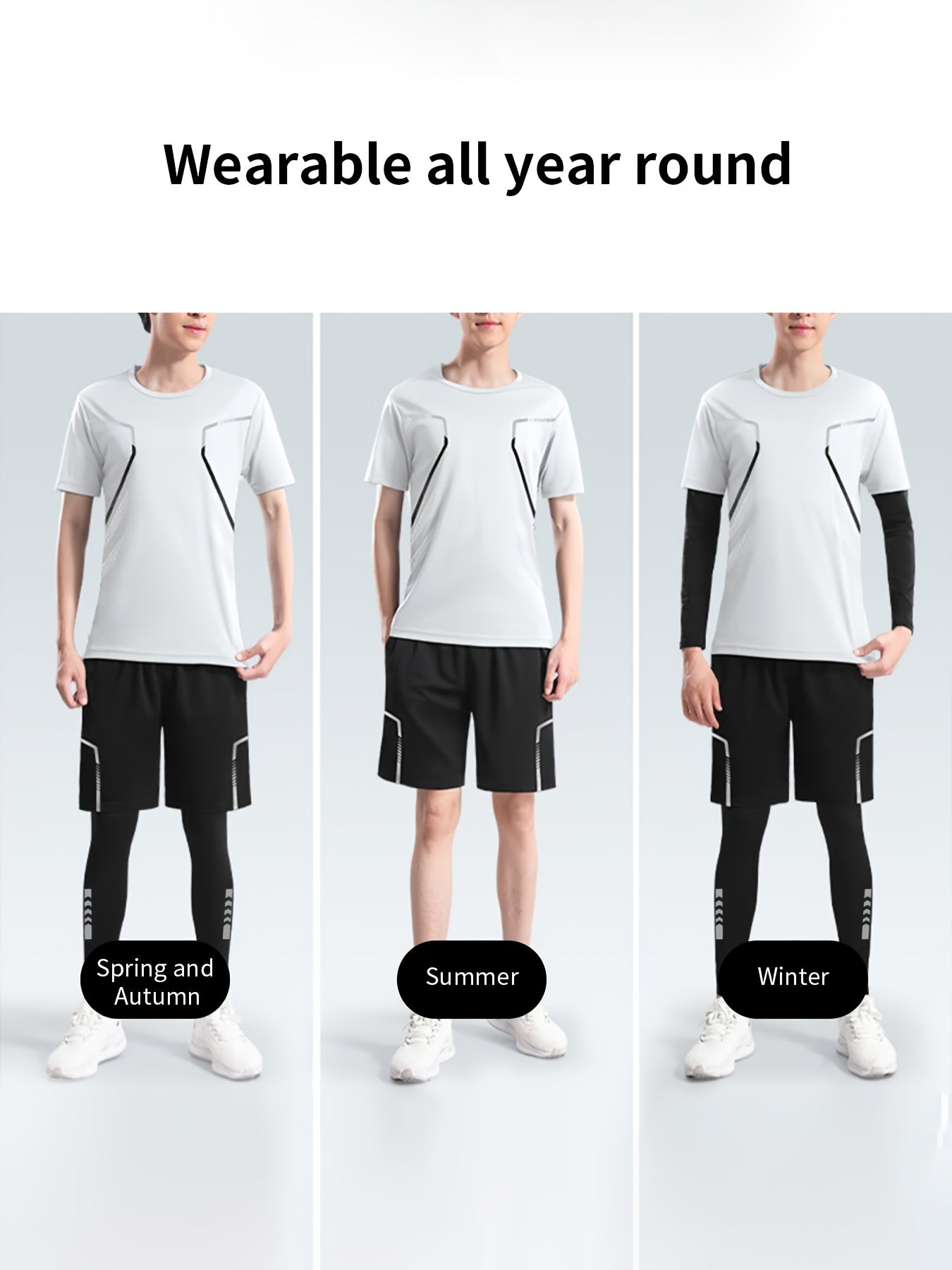 Men's sportswear set for running and gym, designed for all seasons with quick-dry fabric. Perfect for morning runs and cycling with tight-fitting gear.