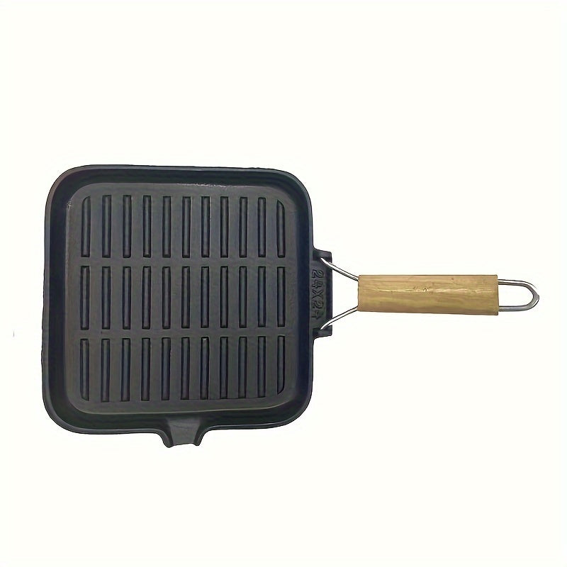 Heavy Duty 9.45-Inch Square Non-Stick Cast Iron Grill Pan with Folding Handle for Steak Grilling, Hand Wash Only, Induction Compatible