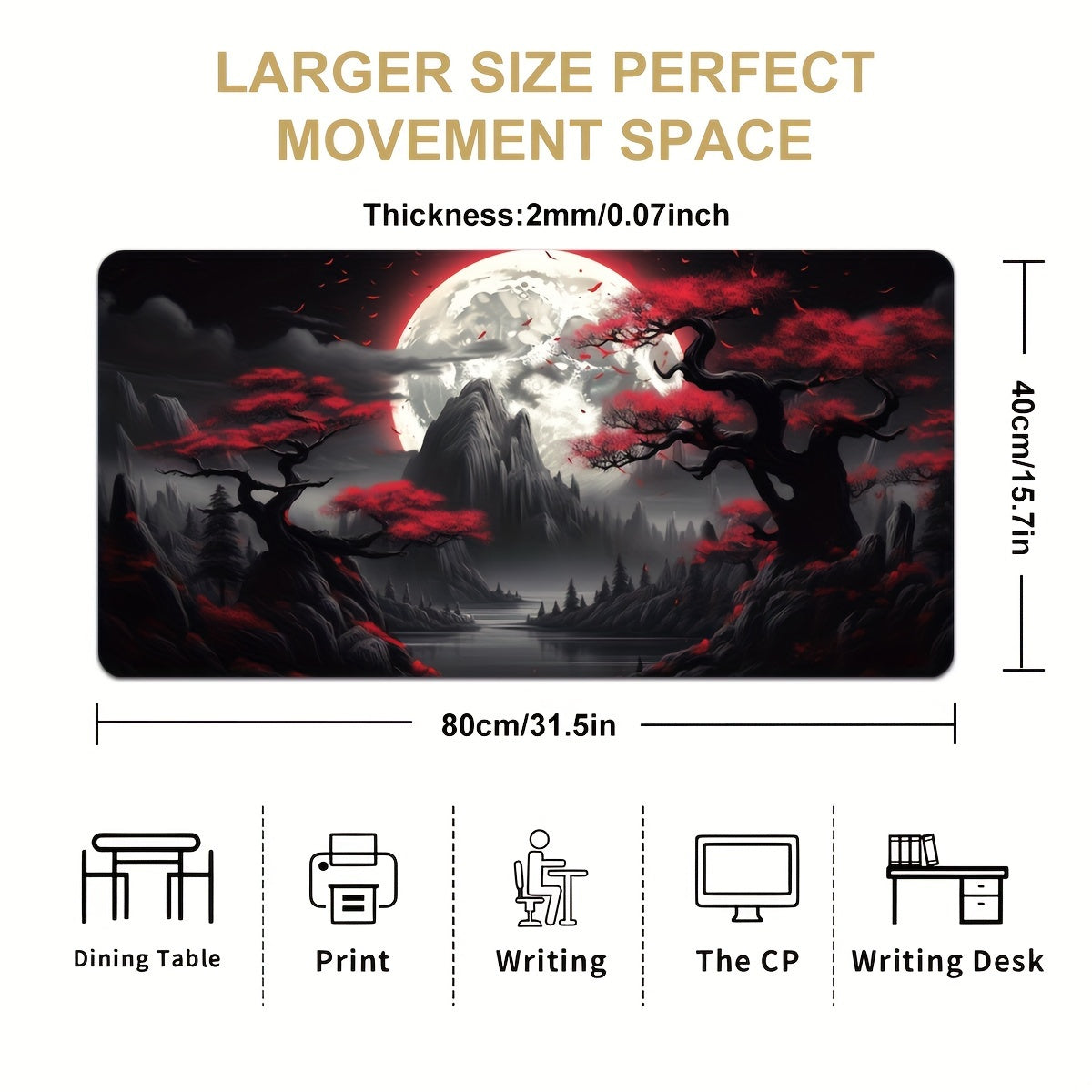 Large gaming mouse pad with dark red moon design and non-slip surface, perfect as a gift for teens or significant others.