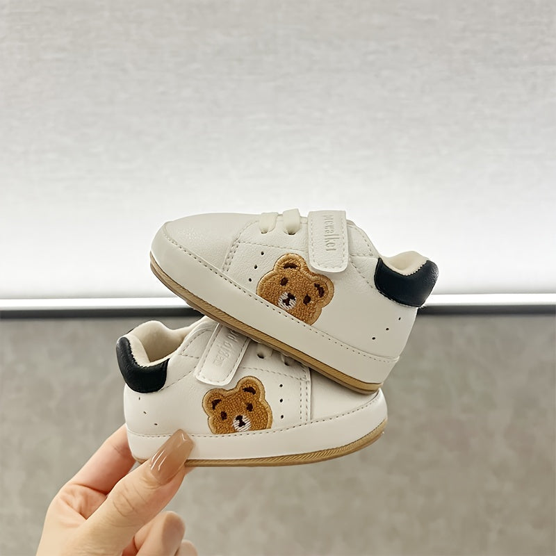 Cute bear sneakers for kids are non-slip and comfortable with easy hook-and-loop closure, ideal for all seasons.