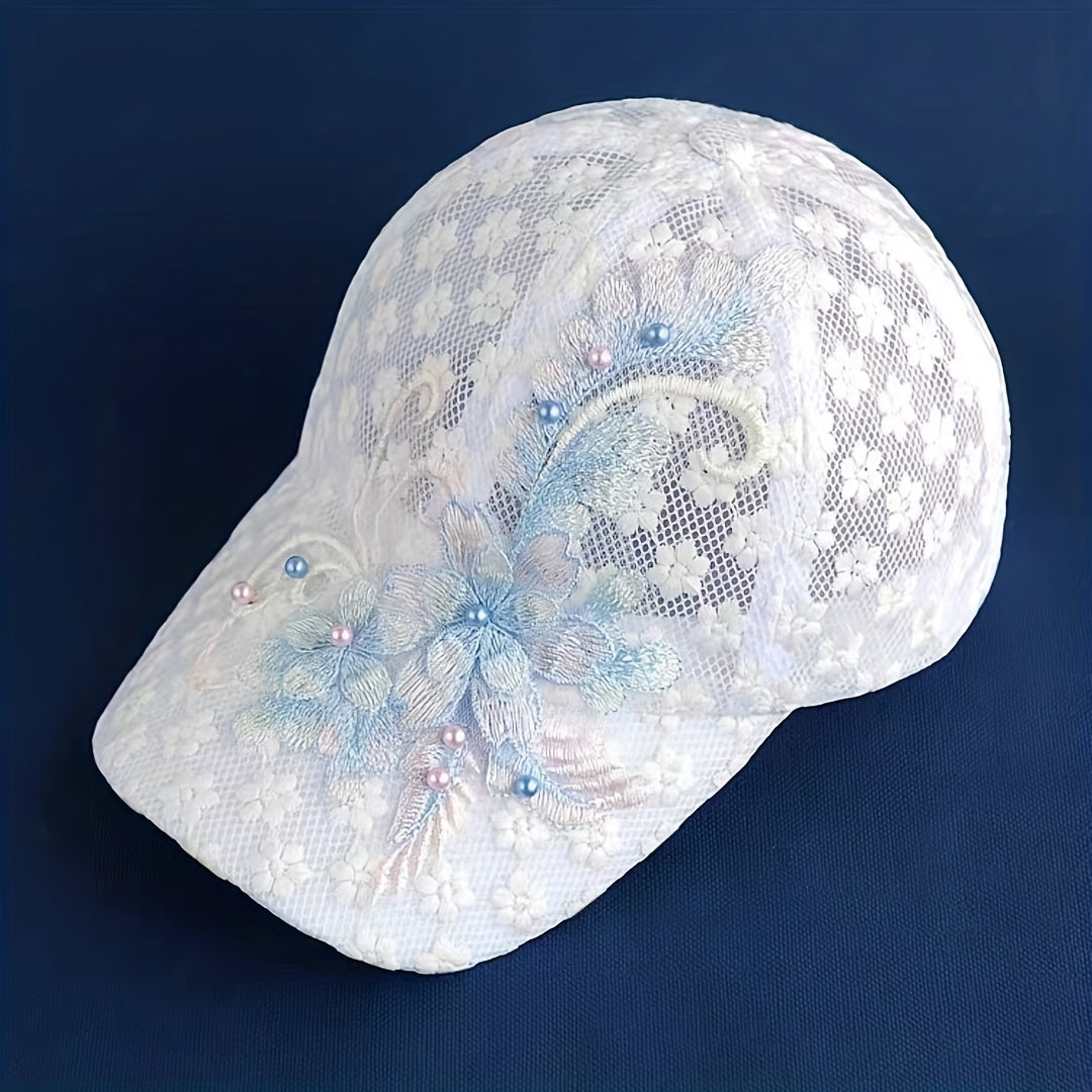 Flower Embroidery Mesh Trucker Hat with Faux Pearl Decor and Elegant Lace for Women