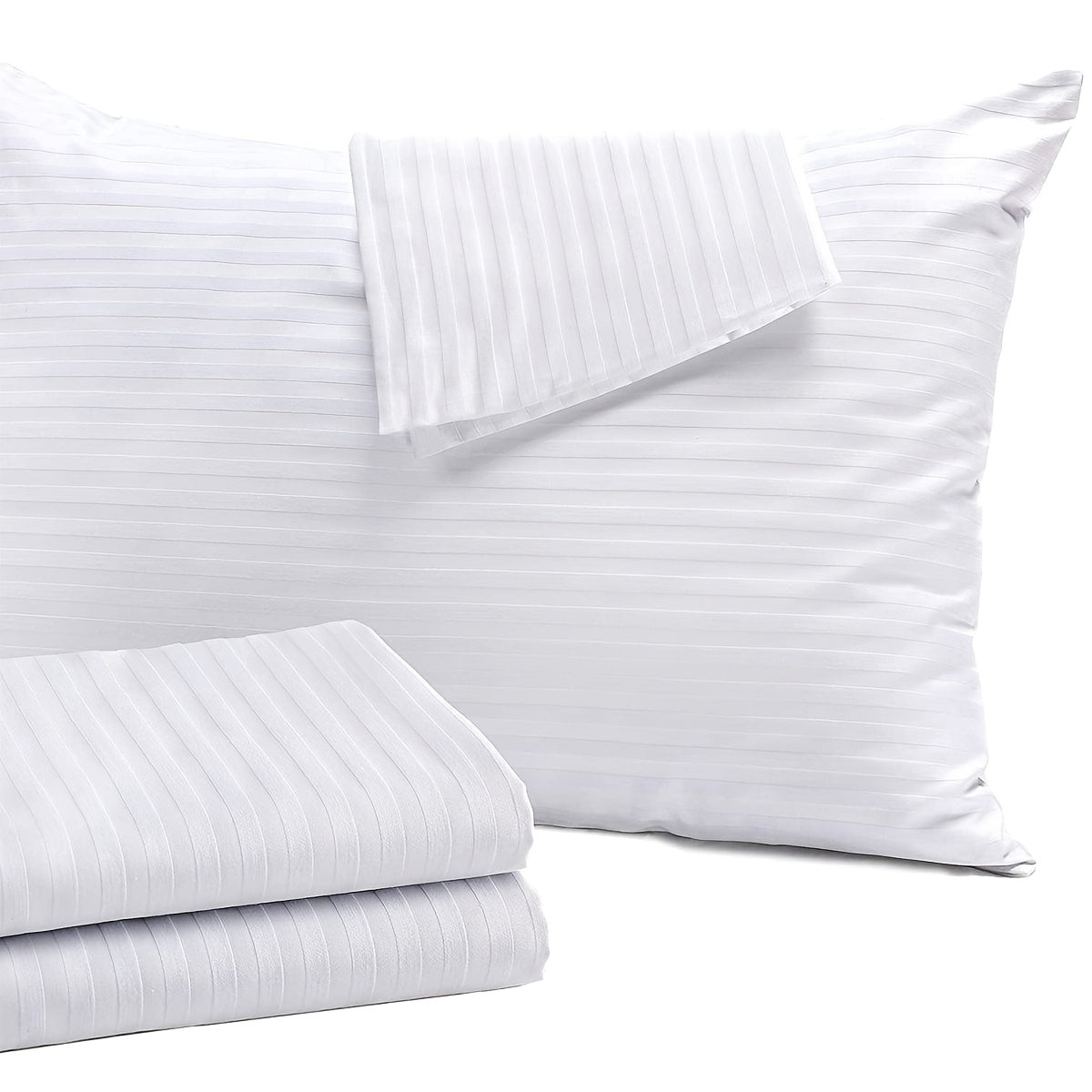 Pillowcase made with luxurious satin stripes, providing a soft, breathable, and durable option for both home and hotel use. Features envelope closure and is recommended for dry clean only. Available in white and khaki colors.