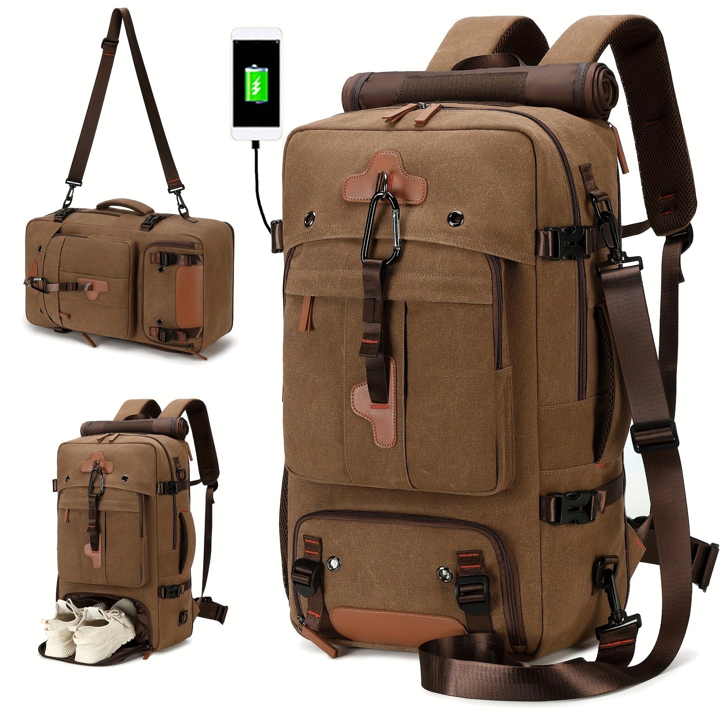 Sleek men's travel backpack with shoe compartment, fits 43.94cm laptop, suitable for casual hiking and business trips.