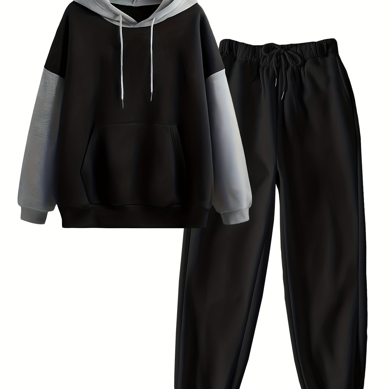 Stylish black and gray two-piece set for women: polyester hoodie with kangaroo pocket and drawstring joggers, machine washable and perfect for fall/winter.