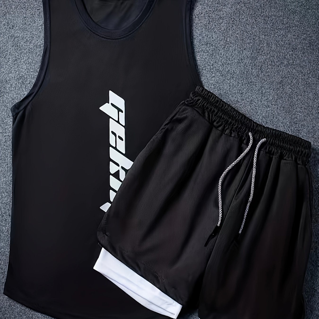 Men's stylish summer co-ord set includes letter print tank top and drawstring shorts, perfect for fitness and training.