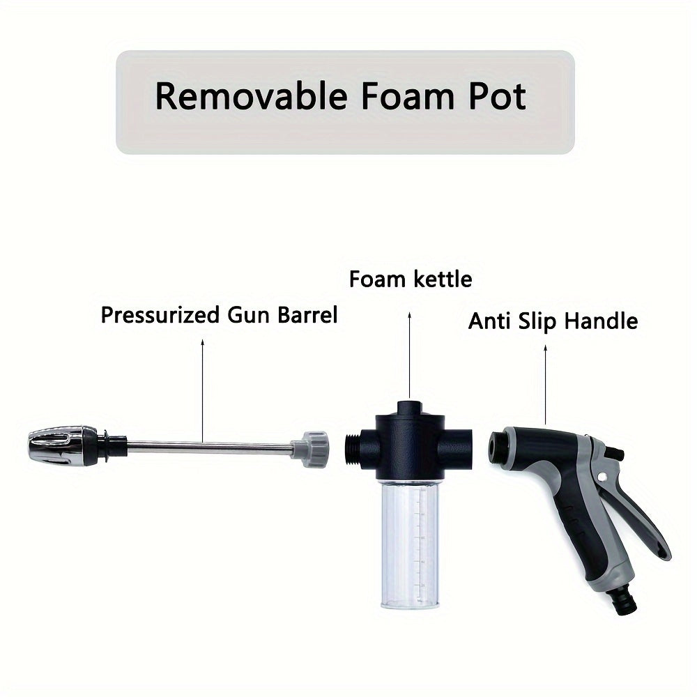 Durable high-pressure sprayer with foam bottle for versatile use on motorcycles, home, and garden. Long rod nozzle for efficient cleaning and irrigation.