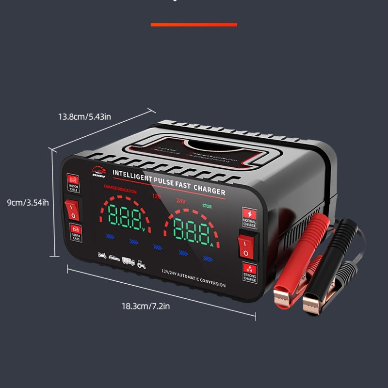 High-power car charger with maintenance function and automatic 110/220V identification for battery charging.