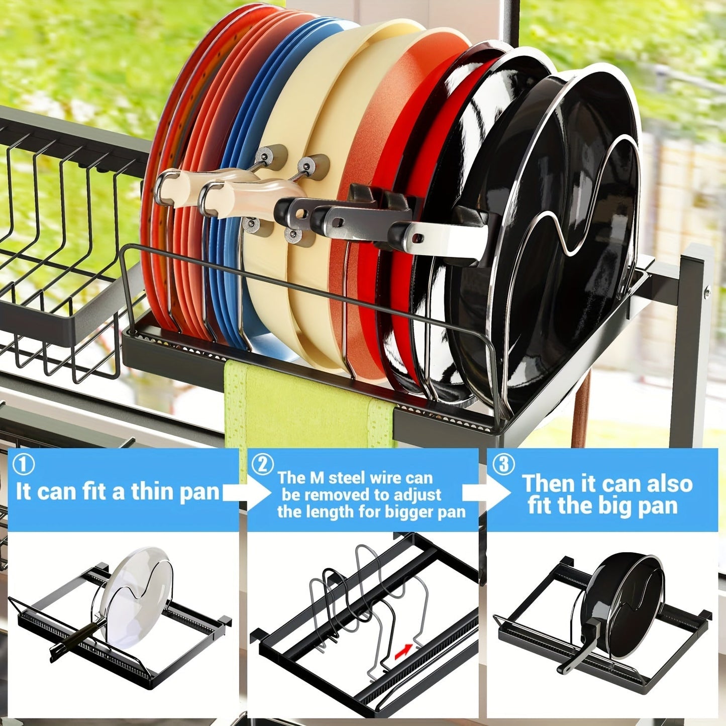 Over Sink Dish Rack made of durable stainless steel, featuring a multi-functional design with built-in utensil holder, drying rack, knife slot, and plate, cup, and cutlery storage capabilities. Ensures no food contact for added cleanliness.