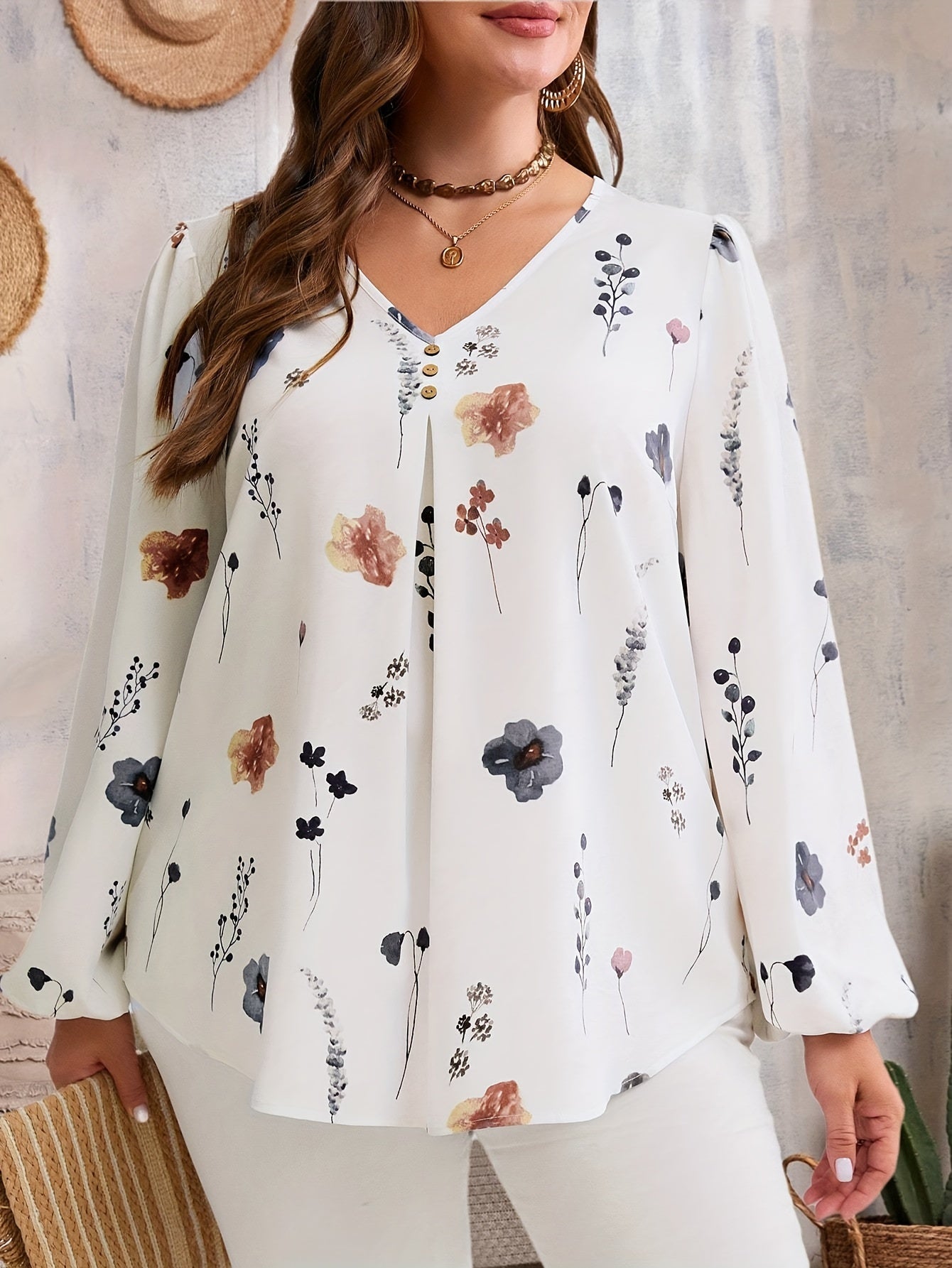 Elegant V Neck Floral Blouse with Lantern Sleeves for Plus Size Women in Spring & Fall