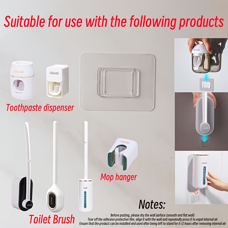 No-drill hooks for bathroom accessories, ideal for tissue boxes, toilet brushes, toothpaste dispensers, and mop holders