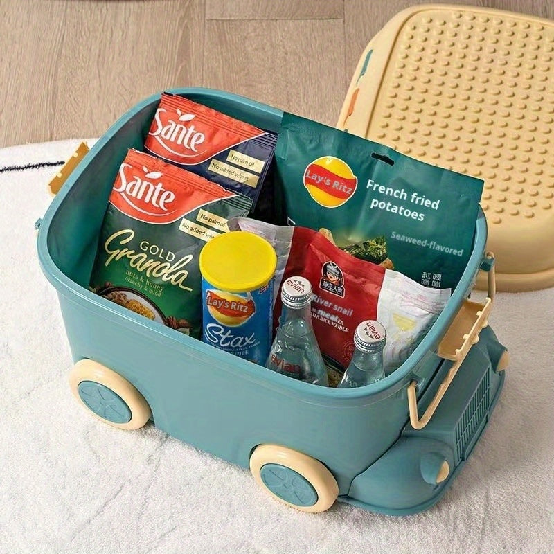 Blue plastic toy storage box with wheels for building blocks, snacks, small items, bedroom, living room, and home decor.