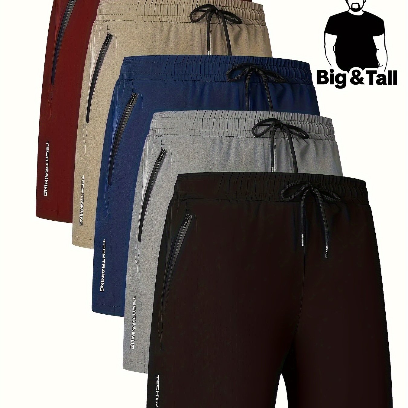 5 men's plus size athletic shorts made of quick-dry, breathable polyester with zipper pockets, ideal for running, training, biking, and hiking.