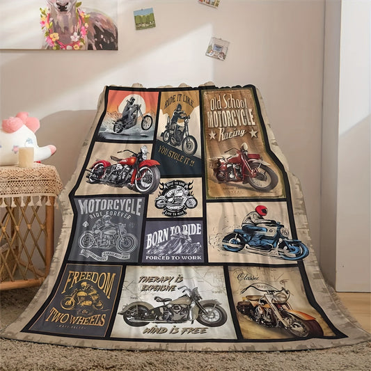 Vintage Motorcycle Patchwork Blanket - Perfect Gift for Motorcycle Enthusiasts! Great for Boys and Girls, Adults, Spring and Summer Travel and Camping. Multi-functional and Stylish Blanket.