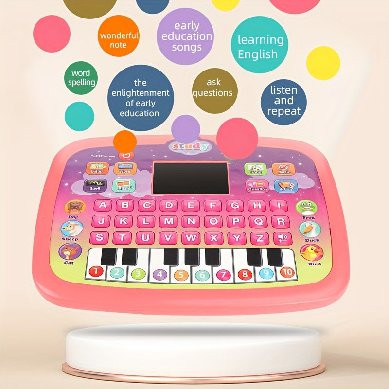 Interactive Tablet Learning Pad with LED Screen, designed to teach Alphabet, Numbers, Words, Music, and Math. This electronic toy promotes development and learning in a fun way. Perfect as a Halloween or Christmas gift. (Batteries not included)