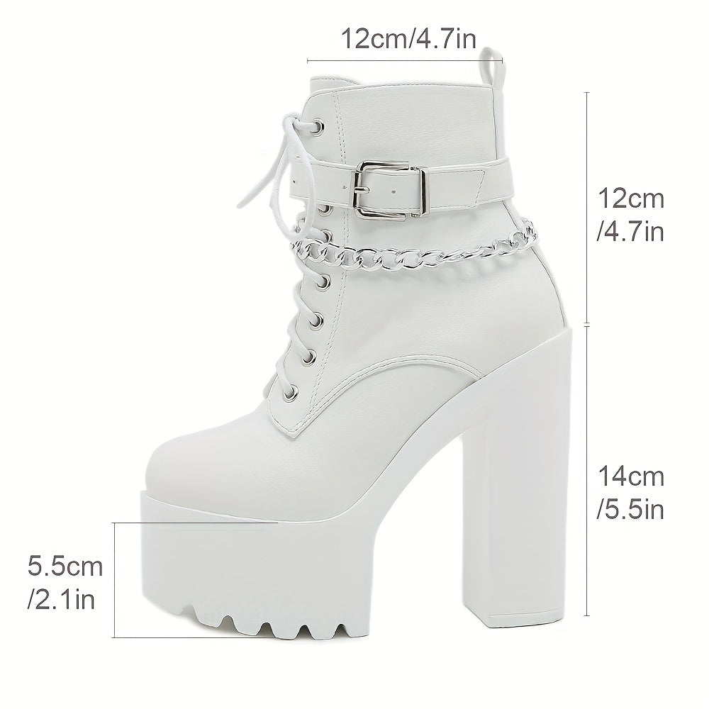 Women's stylish ankle boots with chain decor, block heel, lace-up, and side zipper.