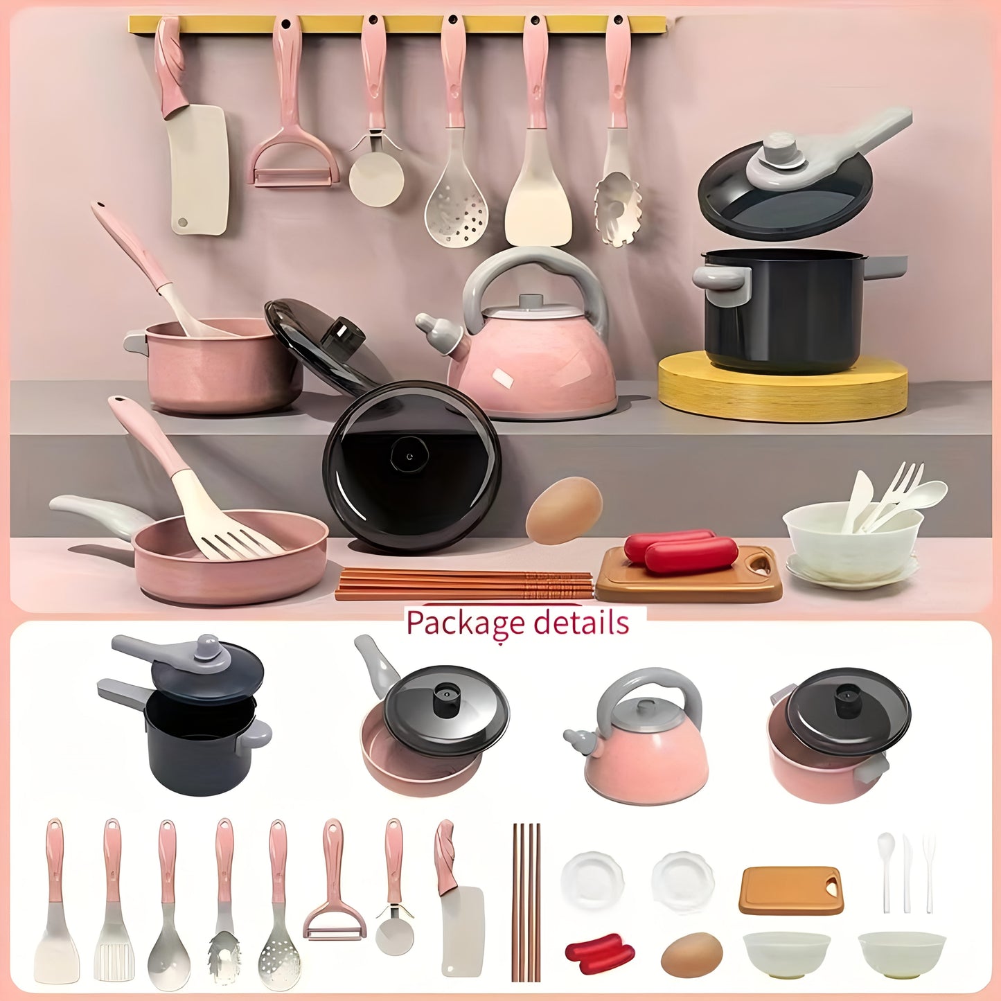 Pink Children's Play Kitchen Toys with simulated pots and pans, tableware, outdoor camping and picnic toys for kids. Ideal for festival gifts and birthdays.