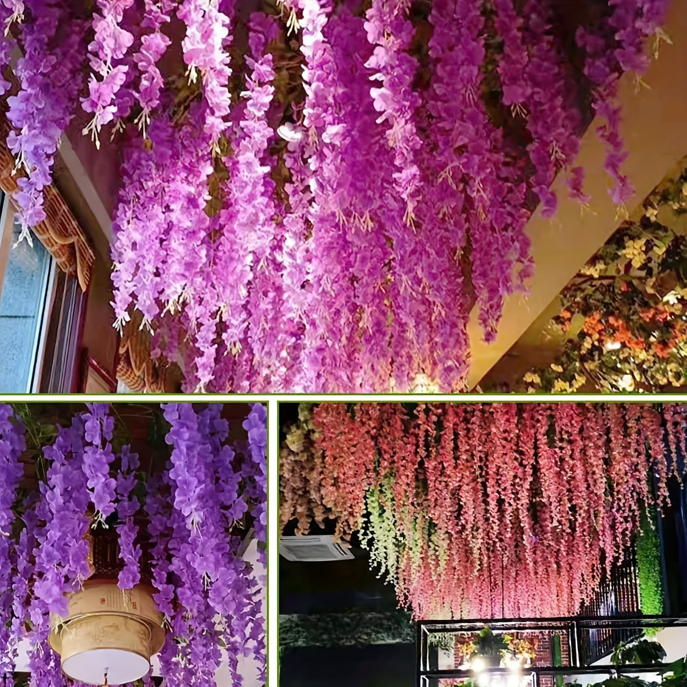 12 artificial wisteria garlands bring garden style to wedding parties and outdoor ceremonies without feathers.