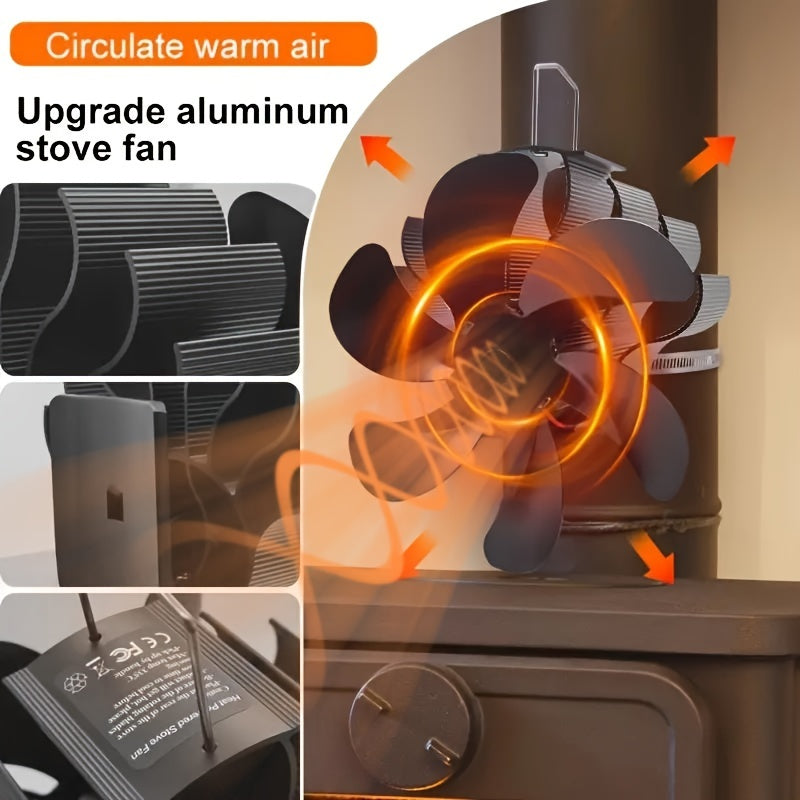 Wood stove fan with 6 blades, magnetic flue mount, and non-electric thermal design for gas and pellet burners - silently powered by heat.