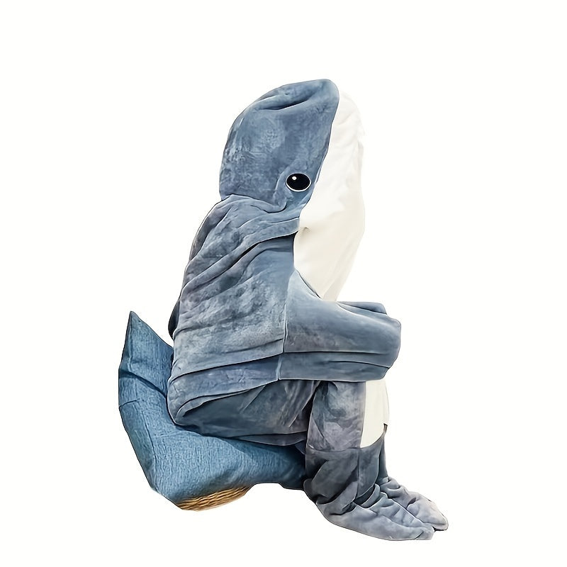 Gift for adults - Blue shark pattern hoodie blanket with a cute and interesting cartoon animal design. Made from cozy flannel, this wearable blanket is perfect for lounging on the sofa, bed, or even camping in the car.