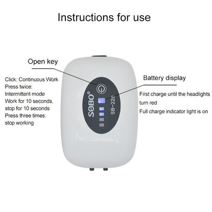 TUNFAN Portable Aquarium Air Pump with 2600mah Battery, USB Rechargeable, Silent Mode, Semi-Automatic Operation, ≤36V. Ideal for Fish Tank and Outdoor Aquarium.