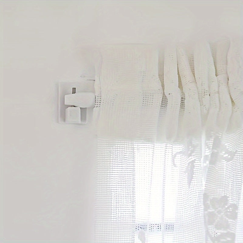 Two small curtain rods with retractable and adjustable features, includes four 7-shaped screws and five adhesive plastic supports.