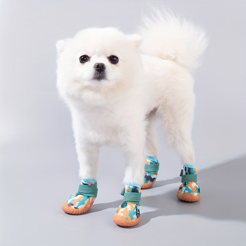 Four pairs of dog shoes suitable for all seasons, breathable, dirt-resistant, non-slip, elastic shoes for small dogs such as Pomeranians and Teddys.