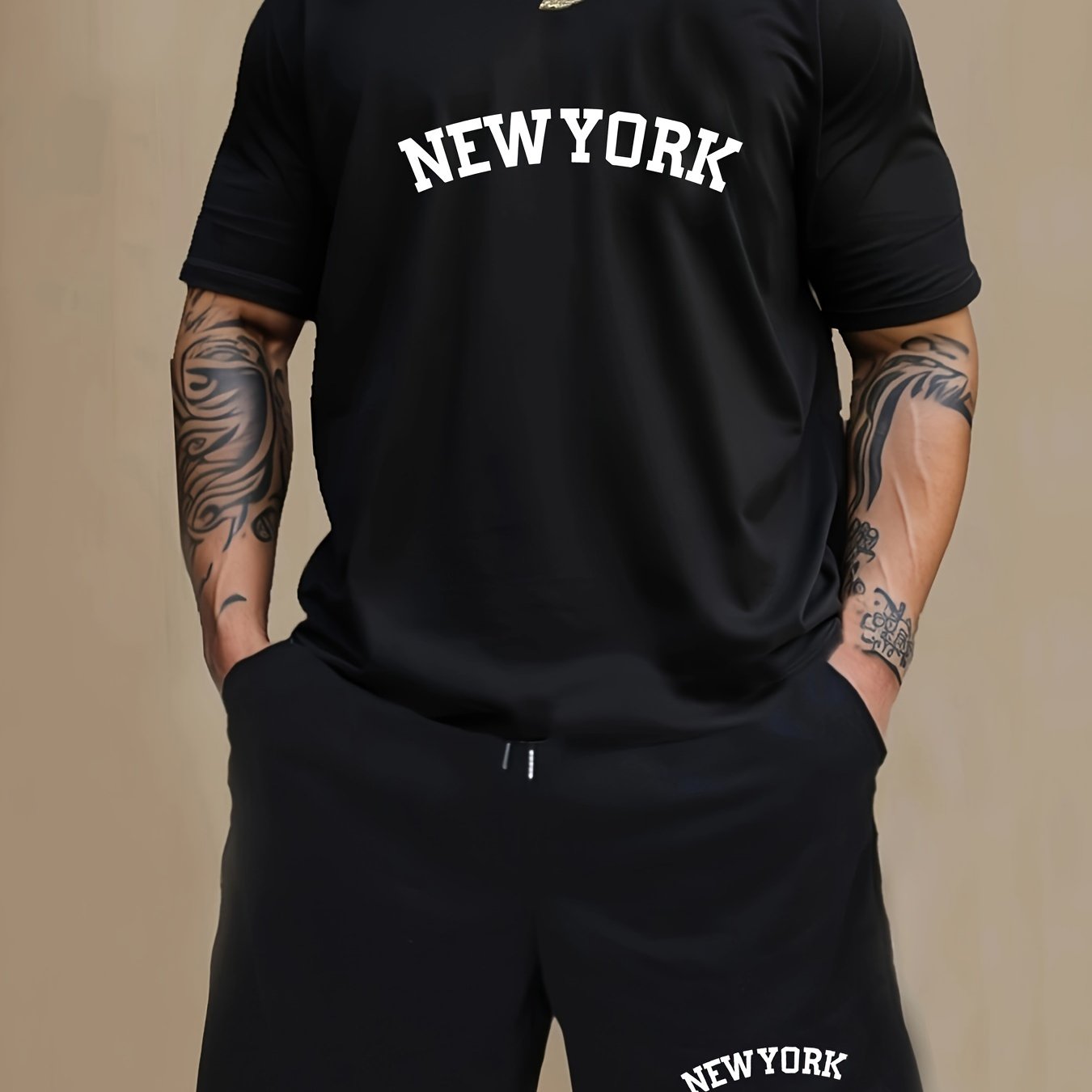 Men'S Casual 2-piece Pajama Set with NEW YORK Print, Short Sleeve T-Shirt, and Knee-Length Shorts made of Polyester & Spandex Blend, Medium Stretch, All-Season Comfort, Knit Fabric, with