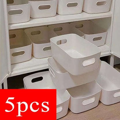 5/10 White Plastic storage bins with a polished finish are portable and weather-resistant, suitable for organizing kitchen, cosmetics, and miscellaneous items without needing electricity.