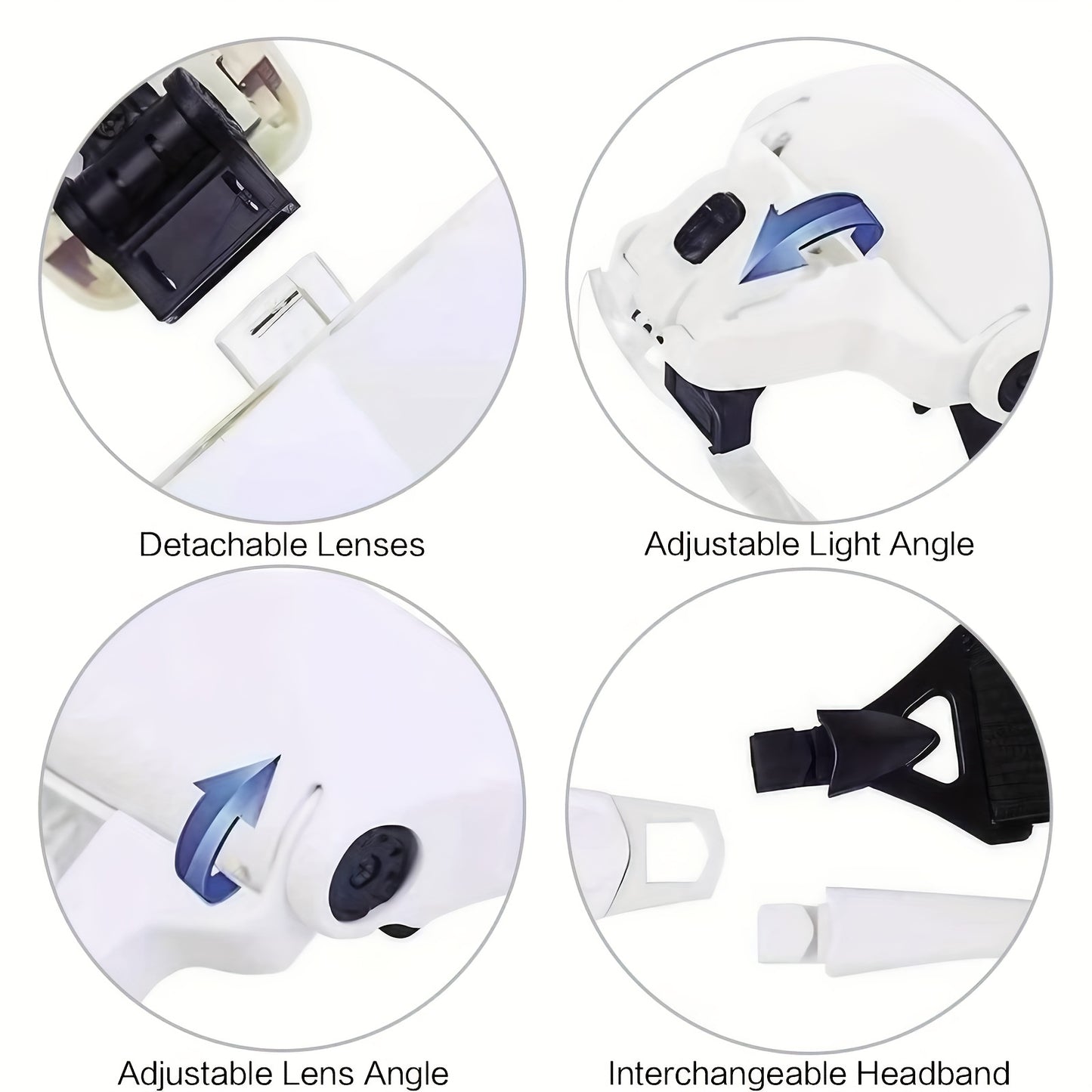 Adjustable headband magnifier with LED light includes 5 lenses with 1.0X to 3.5X zoom. Perfect for jewelry, crafts, watch repair, hobbies, and everyday office use (batteries not included).