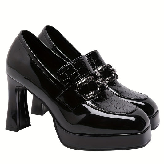 Women's solid color high heels with platform buckle decor, lightweight square toe shoes.